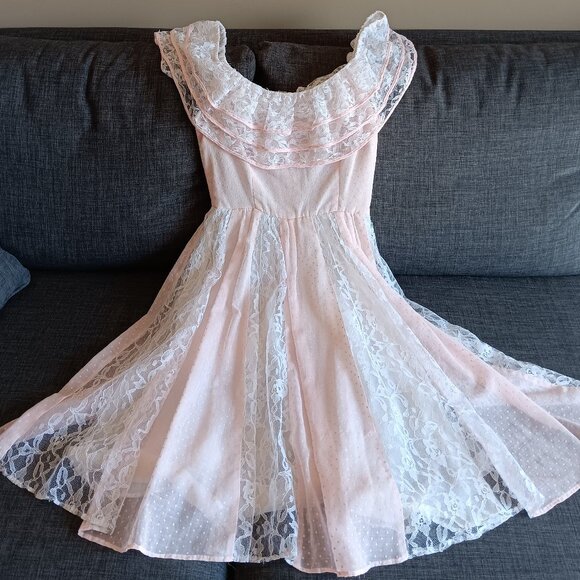 Vintage Pink Swiss Dot Lace Dress Cottagecore Prairie Frilly Dress Lolita - Picture 5 of 9